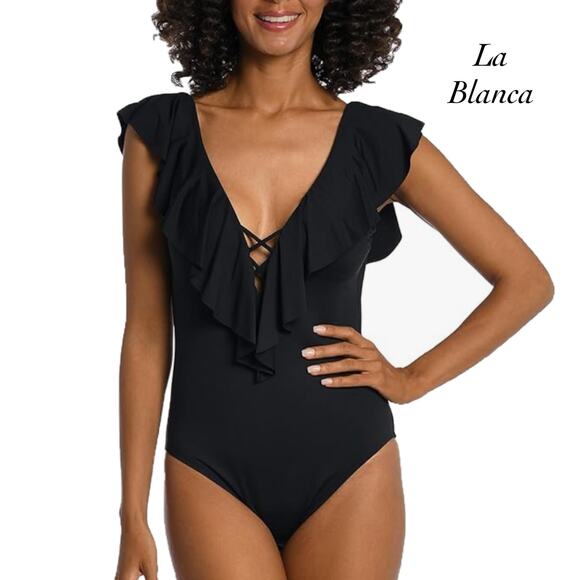 La Blanca Island Goddess Black Ruffle Plunge One Piece Swimsuit NWT Size 6 - Picture 1 of 12